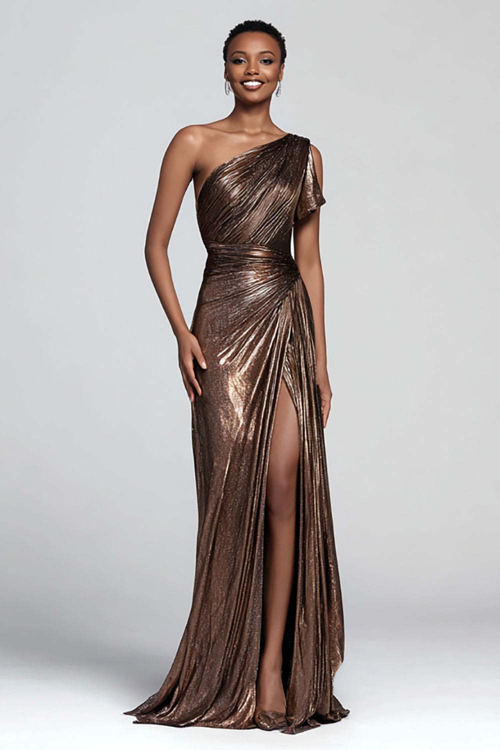 Dressystars Metallic Brown One Shoulder Long Mermaid Prom Dress With Slit