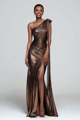 Dressystars Metallic Brown One Shoulder Long Mermaid Prom Dress With Slit