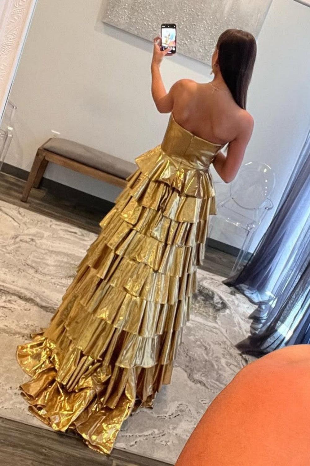Dressystars Metallic Gold A-Line Sweetheart Long Tiered Ruffle Prom Gown Formal Evening Gown