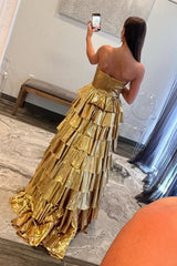 Dressystars Metallic Gold A-Line Sweetheart Long Tiered Ruffle Prom Gown Formal Evening Gown