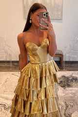 Dressystars Metallic Gold A-Line Sweetheart Long Tiered Ruffle Prom Gown Formal Evening Gown