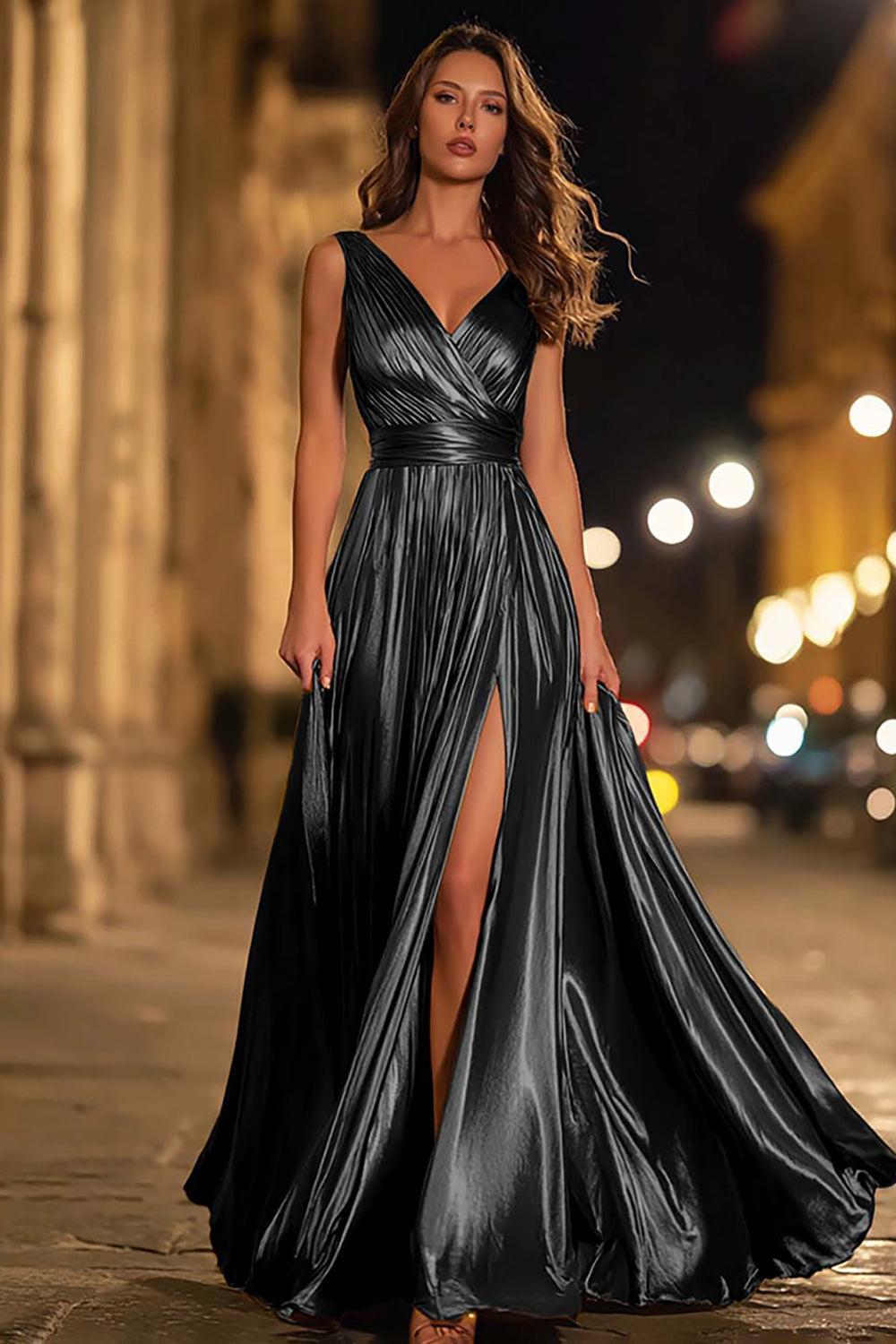 Dressystars Metallic Gold Ruched V-Neck A-Line Long Prom Dress With Slit