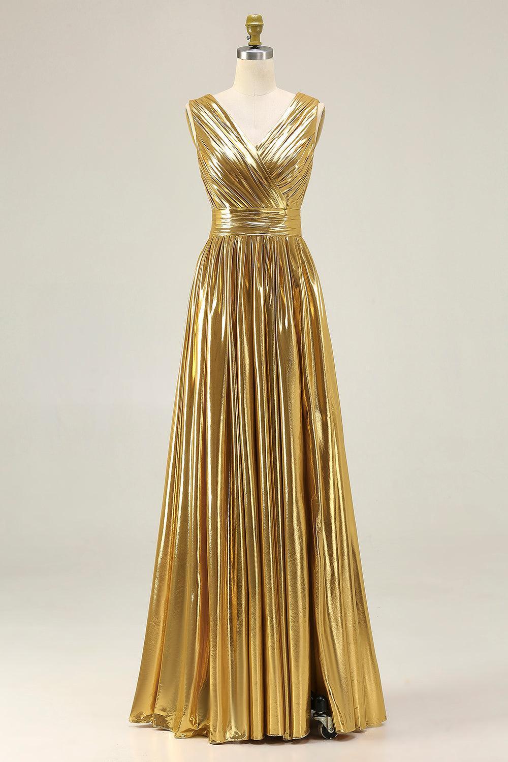 Dressystars Metallic Gold Ruched V-Neck A-Line Long Prom Dress With Slit