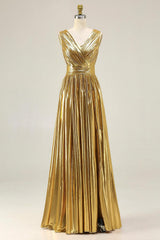 Dressystars Metallic Gold Ruched V-Neck A-Line Long Prom Dress With Slit
