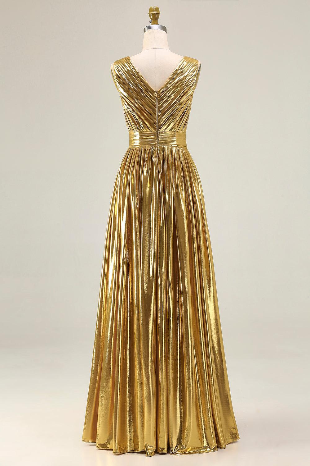 Dressystars Metallic Gold Ruched V-Neck A-Line Long Prom Dress With Slit