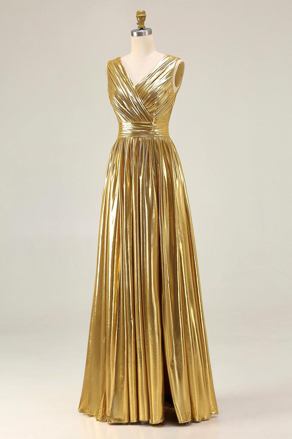 Dressystars Metallic Gold Ruched V-Neck A-Line Long Prom Dress With Slit