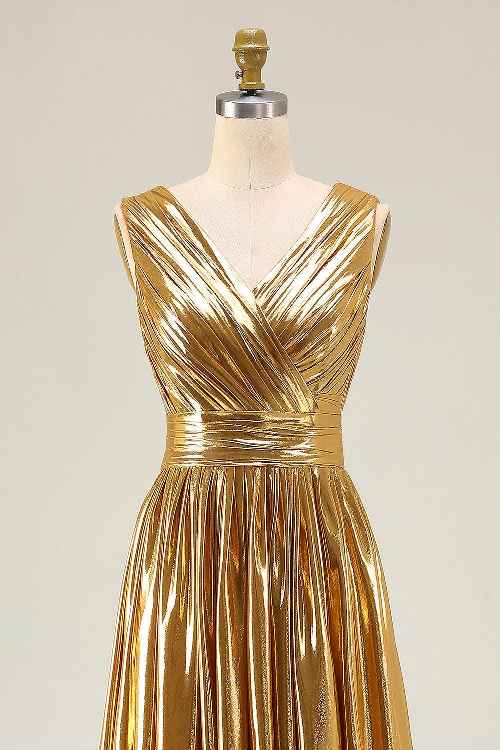 Dressystars Metallic Gold Ruched V-Neck A-Line Long Prom Dress With Slit