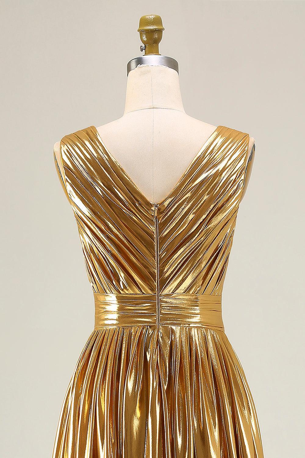 Dressystars Metallic Gold Ruched V-Neck A-Line Long Prom Dress With Slit