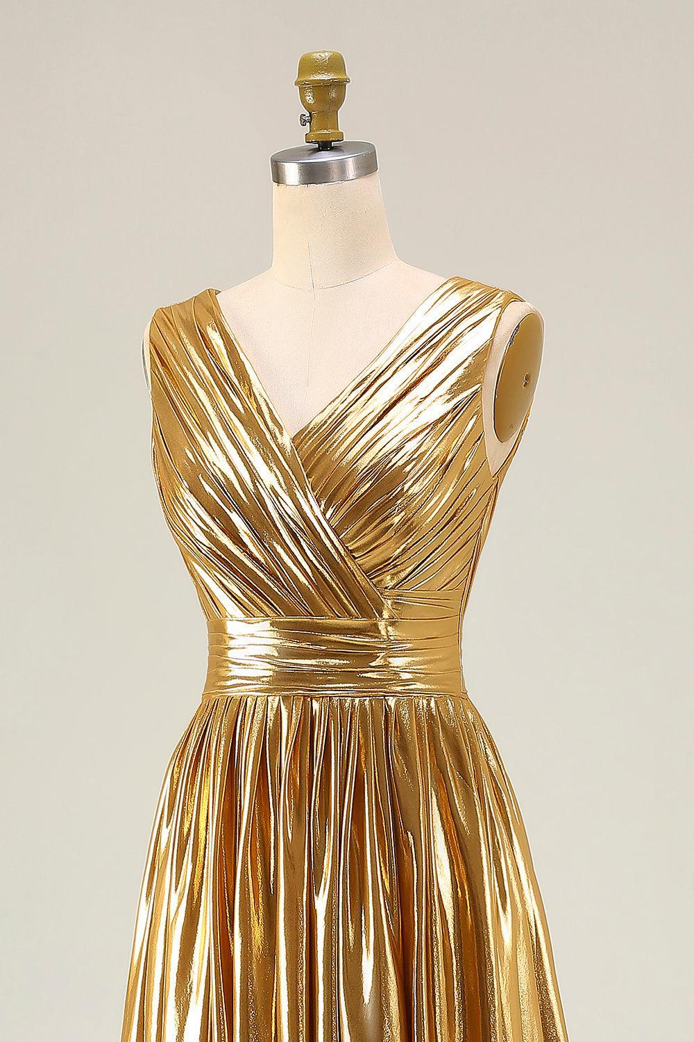 Dressystars Metallic Gold Ruched V-Neck A-Line Long Prom Dress With Slit