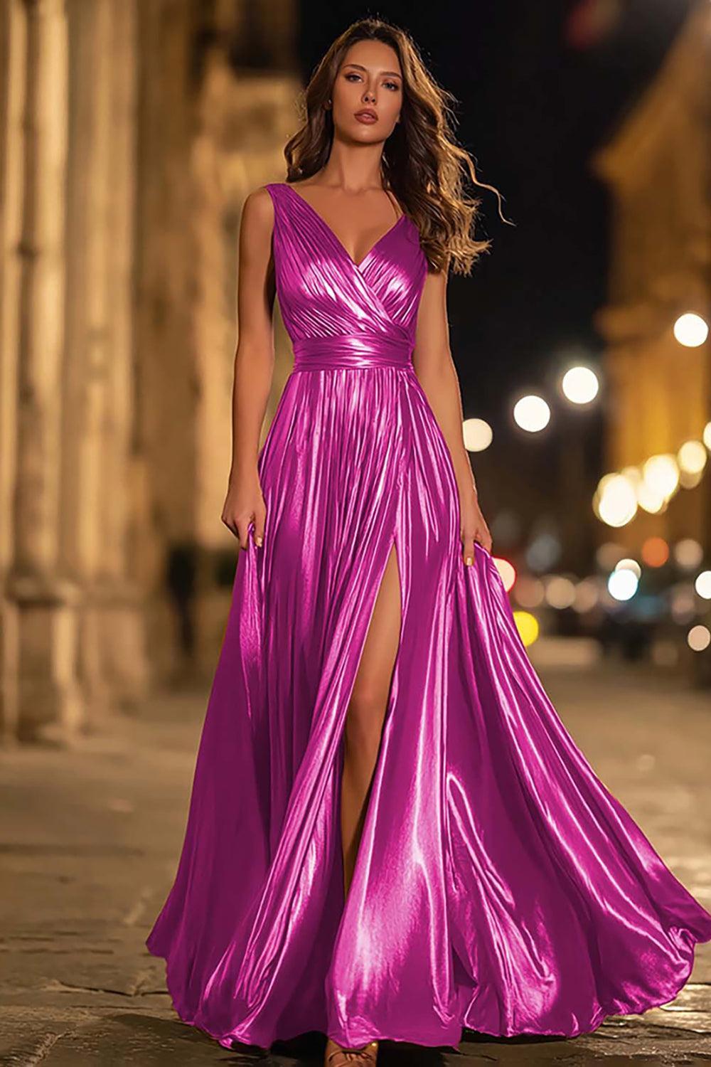 Dressystars Metallic Gold Ruched V-Neck A-Line Long Prom Dress With Slit