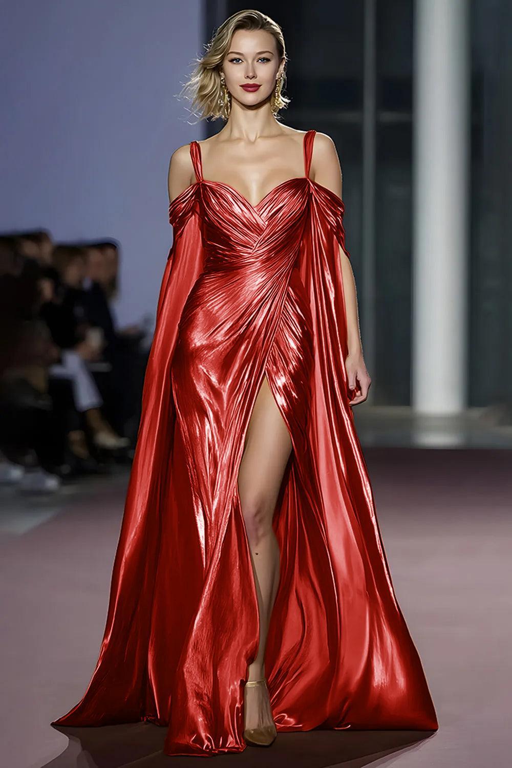 Dressystars Metallic Golden Cold Shoulder Long Gala Dress With Slit