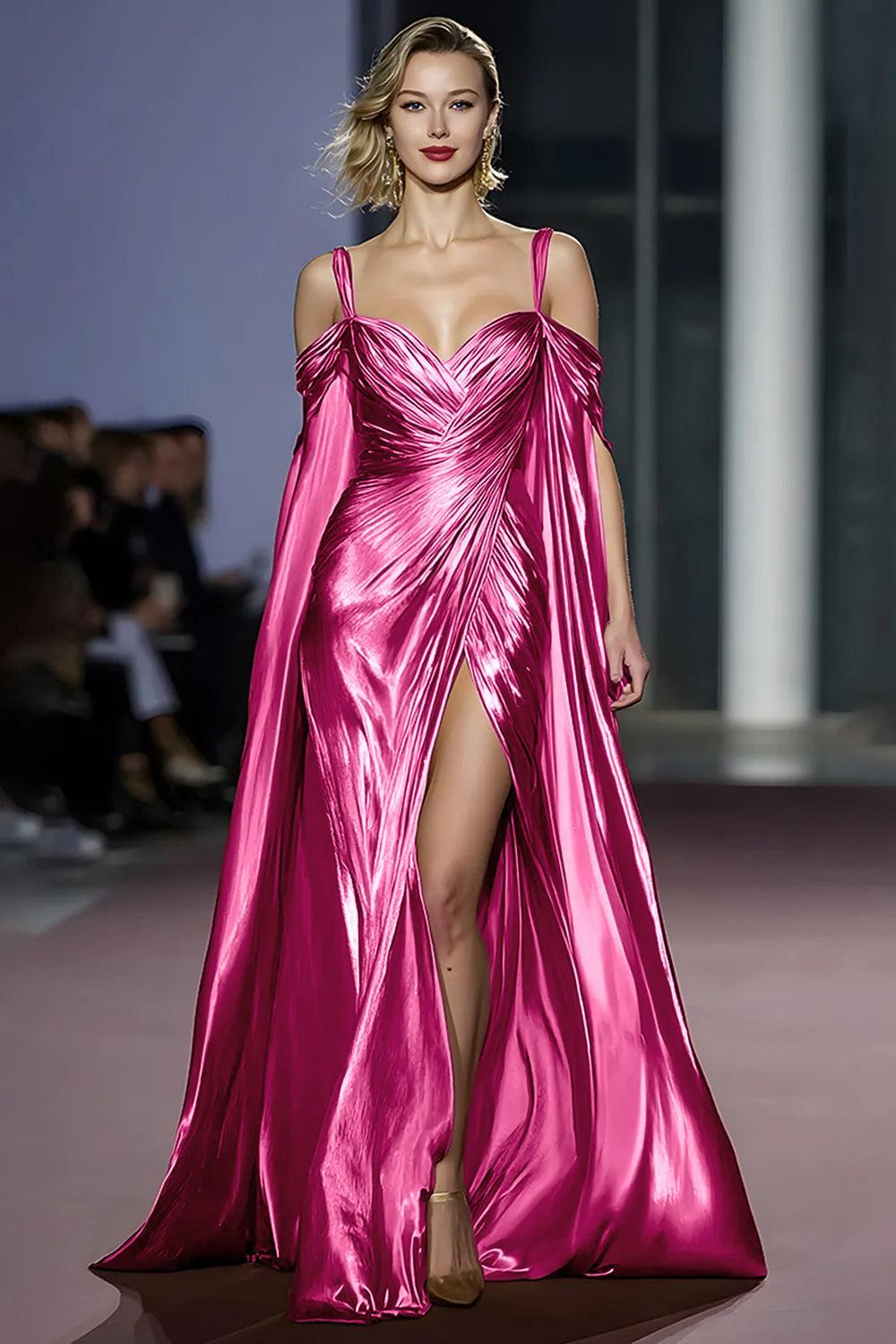 Dressystars Metallic Golden Cold Shoulder Long Gala Dress With Slit