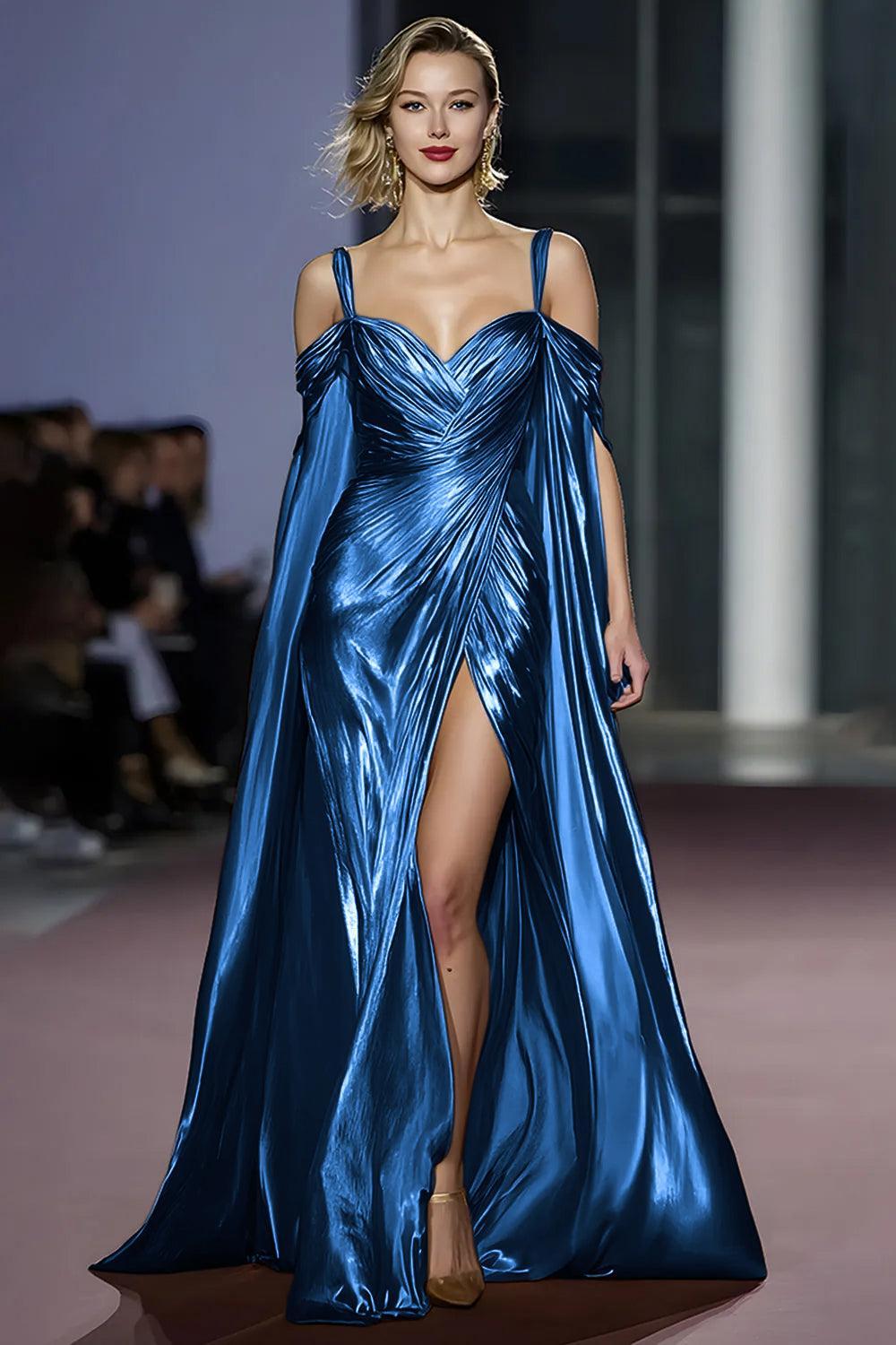Dressystars Metallic Golden Cold Shoulder Long Gala Dress With Slit