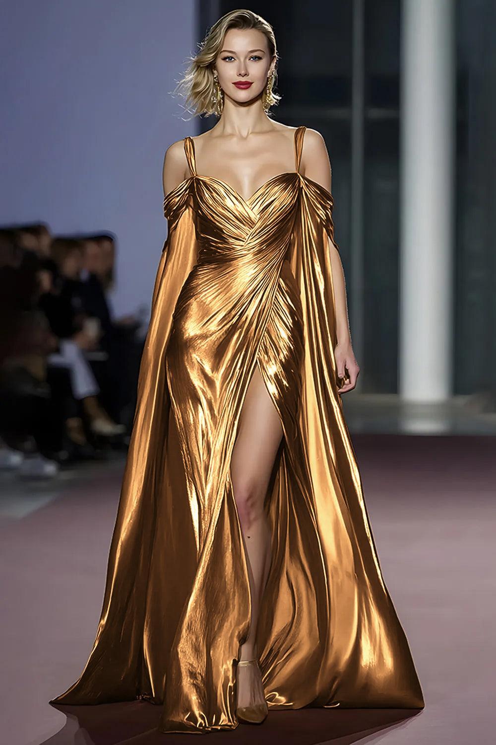 Dressystars Metallic Golden Cold Shoulder Long Gala Dress With Slit