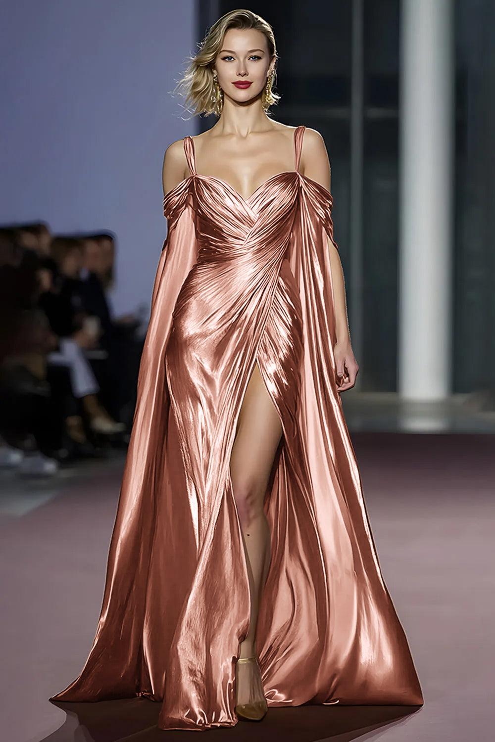 Dressystars Metallic Golden Cold Shoulder Long Gala Dress With Slit