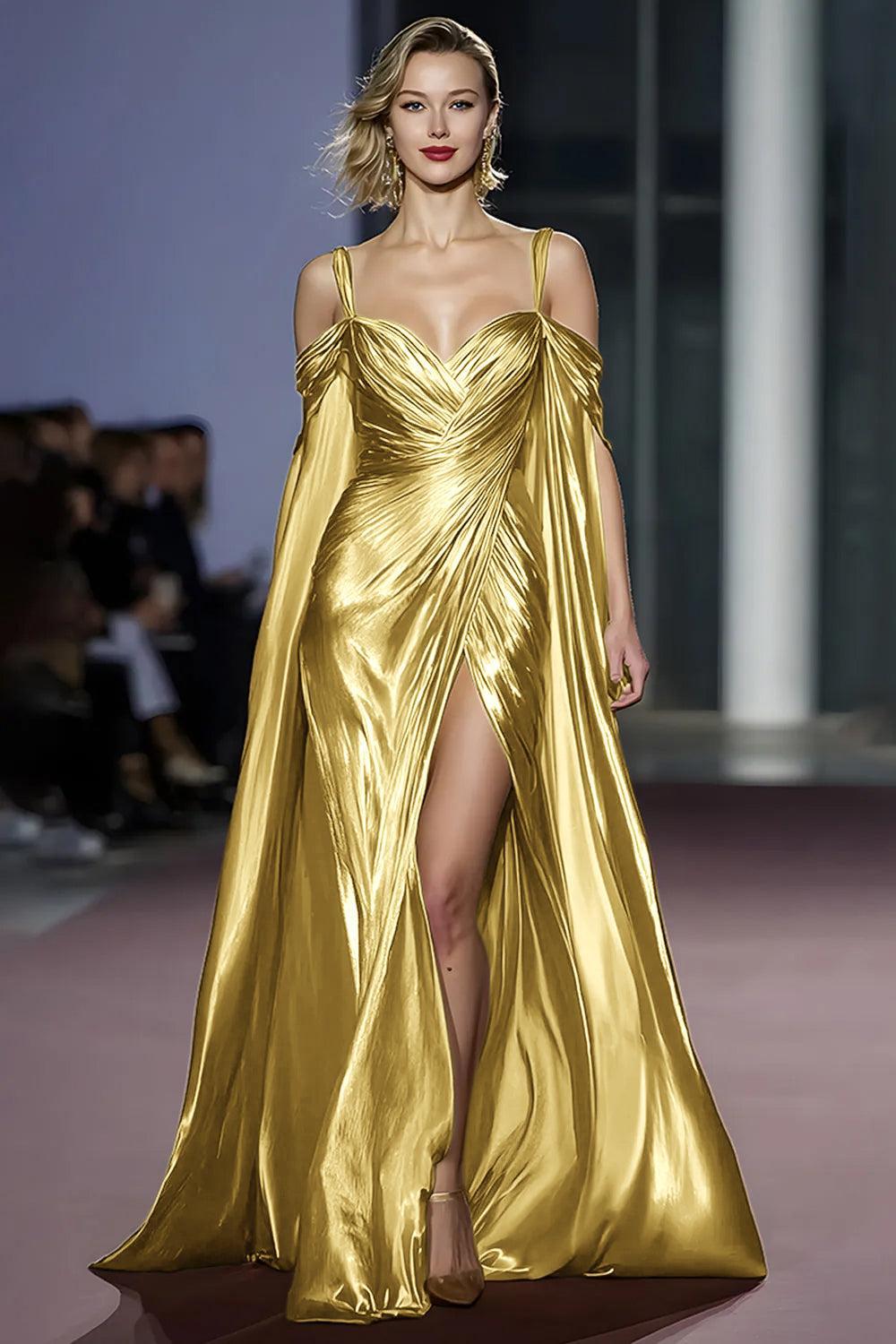 Dressystars Metallic Golden Cold Shoulder Long Gala Dress With Slit