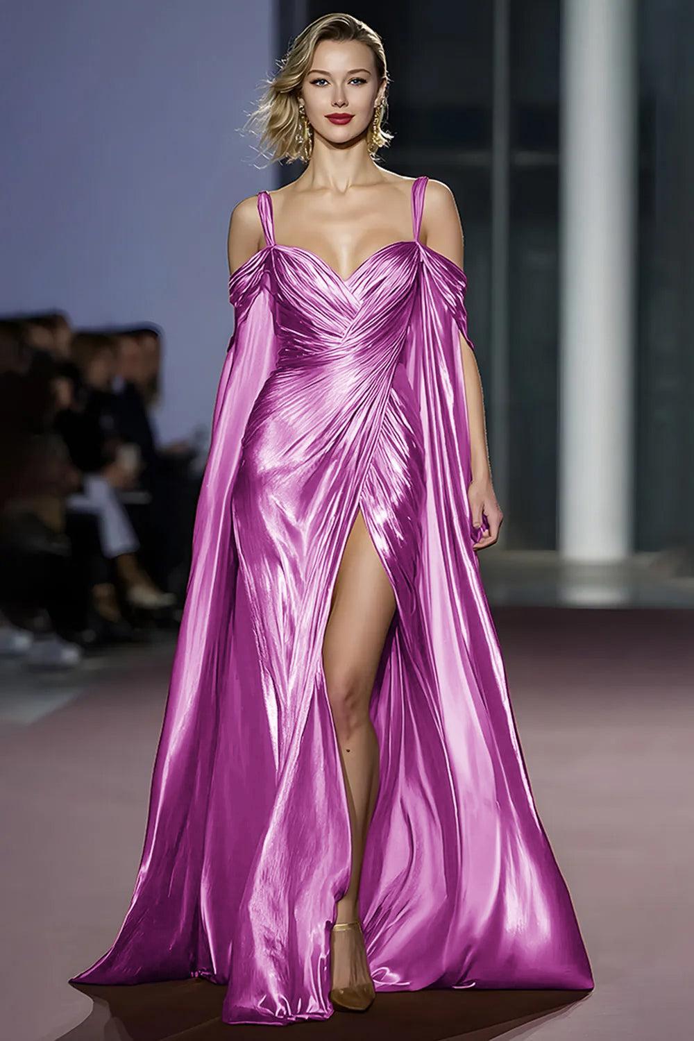 Dressystars Metallic Golden Cold Shoulder Long Gala Dress With Slit