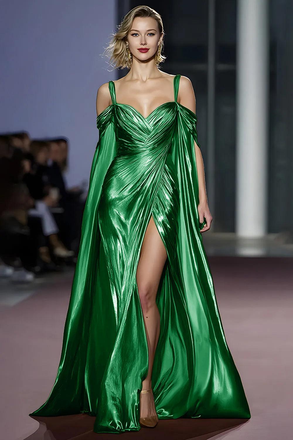 Dressystars Metallic Golden Cold Shoulder Long Gala Dress With Slit