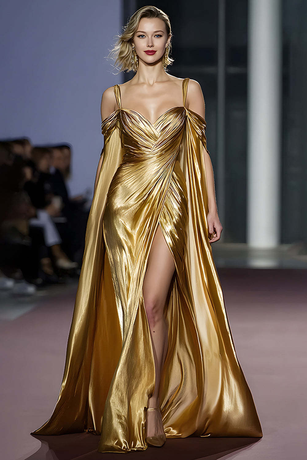 Dressystars Metallic Golden Cold Shoulder Long Gala Dress With Slit