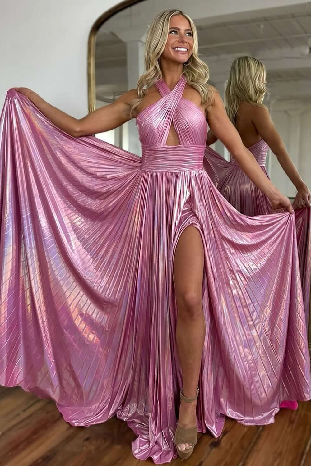 Turquoise Halter Prom Dress Cut Out Backless Metallic Long Evening Dress with Slit