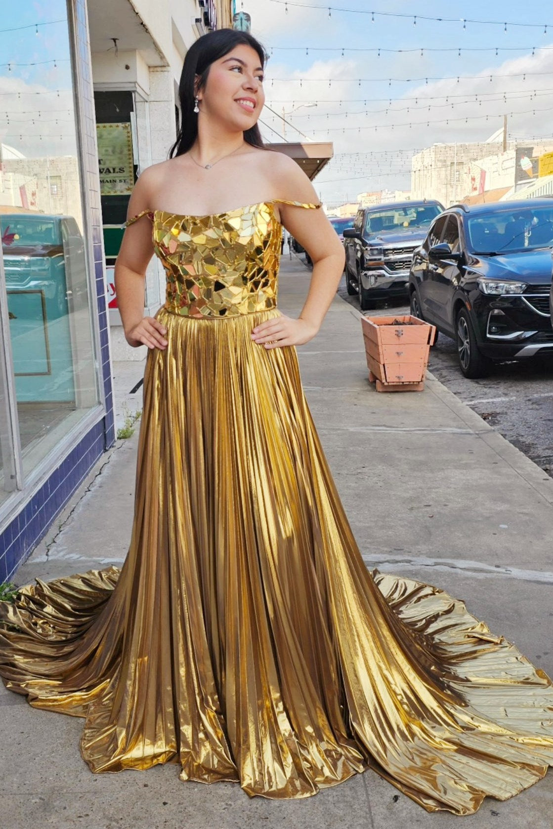 Metallic Prom Dress Off the shoulder Pleated with Broken Mirrors Evening Dress