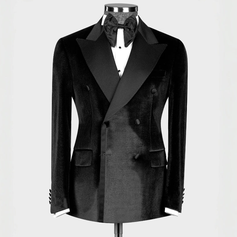 Mind Black Peaked Lapel Double Breasted Velvet Prom Suit