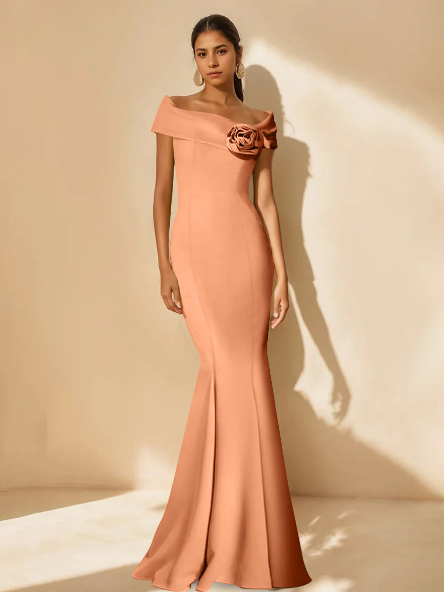 Minimalist Off-The-Shoulder Mother of The Bride Dresses in Trumpet/Mermaid Style with Detachable Flower