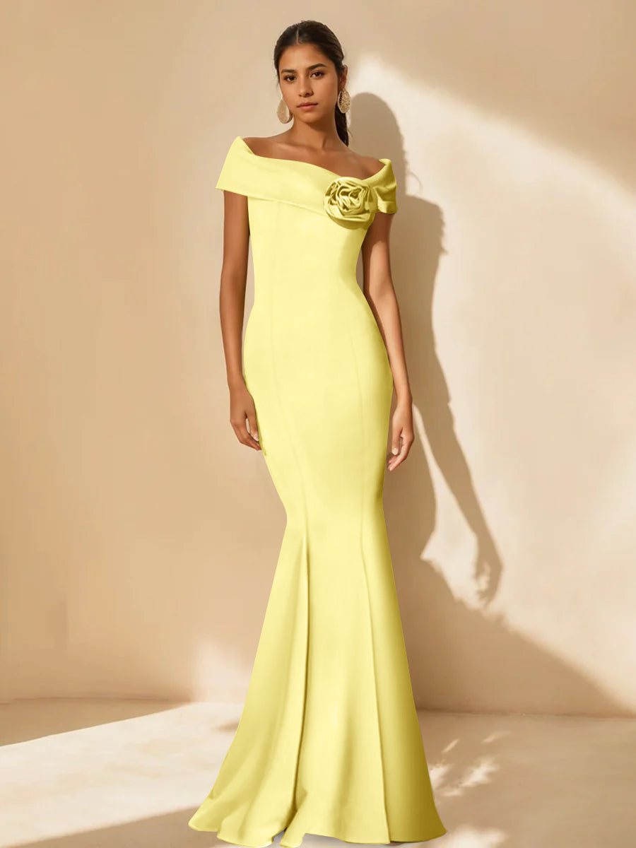Minimalist Off-The-Shoulder Mother of The Bride Dresses in Trumpet/Mermaid Style with Detachable Flower
