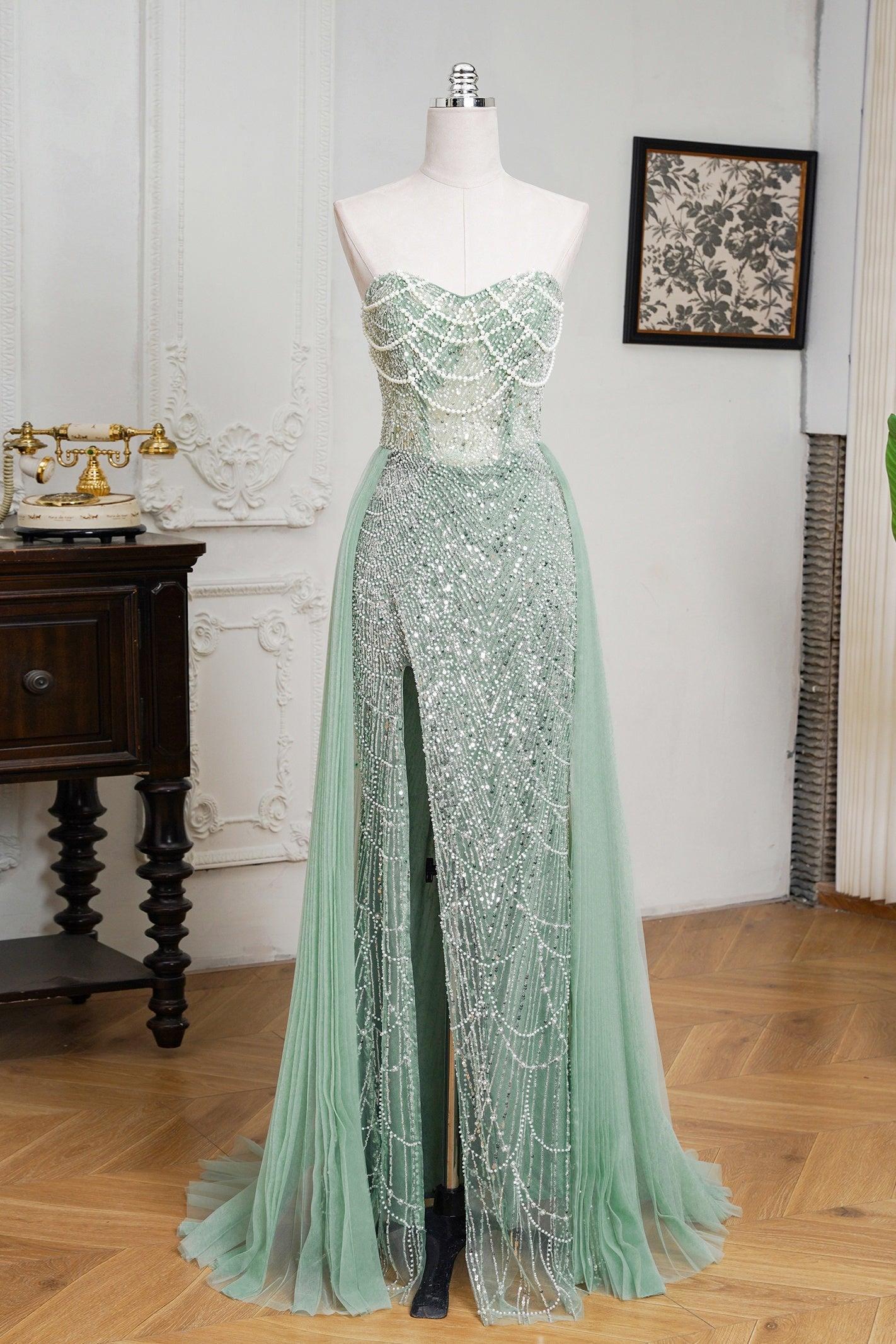 Champagne Beaded Formal Dress Strapless Sheath Wedding Party Dress with Panel Train