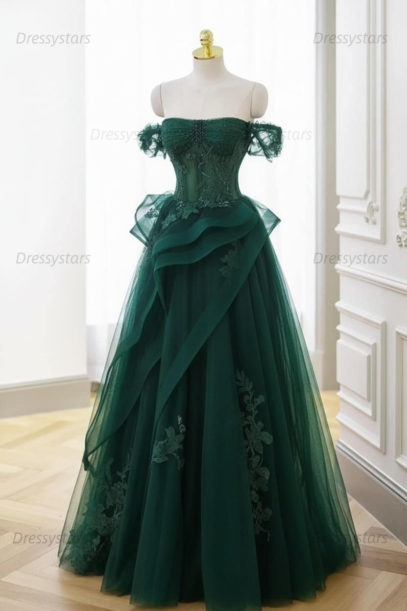Mint Green Prom Dress Tulle Lace Long Elegant Corset Formal Party Evening Dress