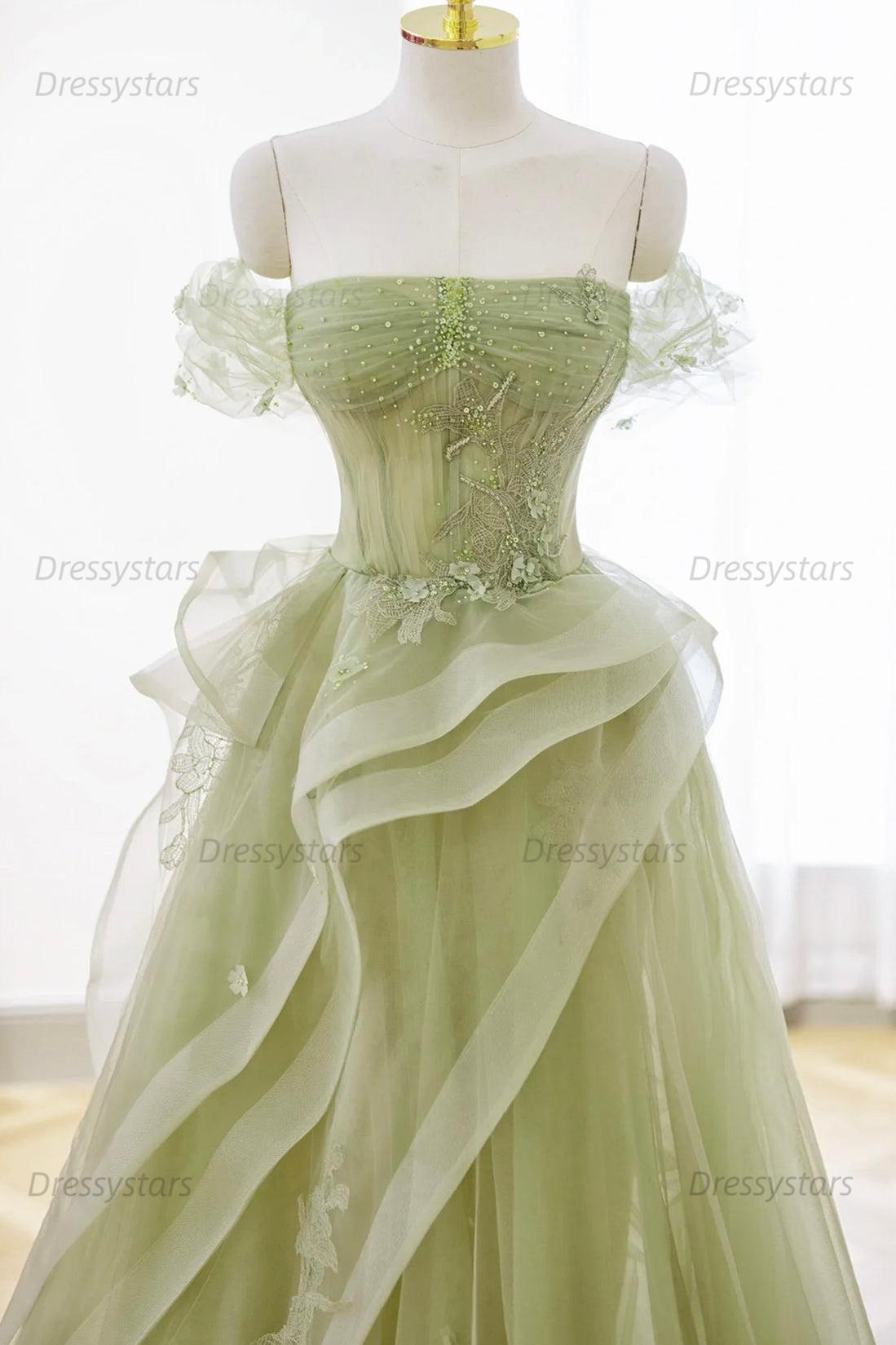 Dressystars Mint Green Prom Dress Tulle Lace Long Elegant Corset Formal