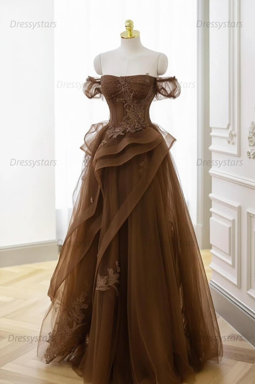 brown corset formal dress Long Satin Prom Dress with Beaded Sheer Corset Bronze / 4