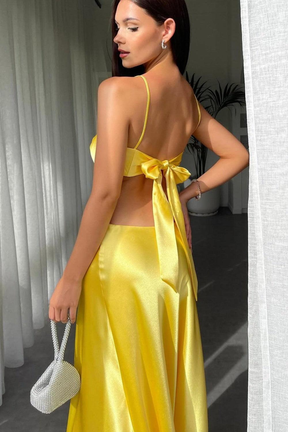 Dressystars Royal Blue Satin Cutout Prom Dress With Bow Bodice Spaghetti Straps Formal Evening Gown