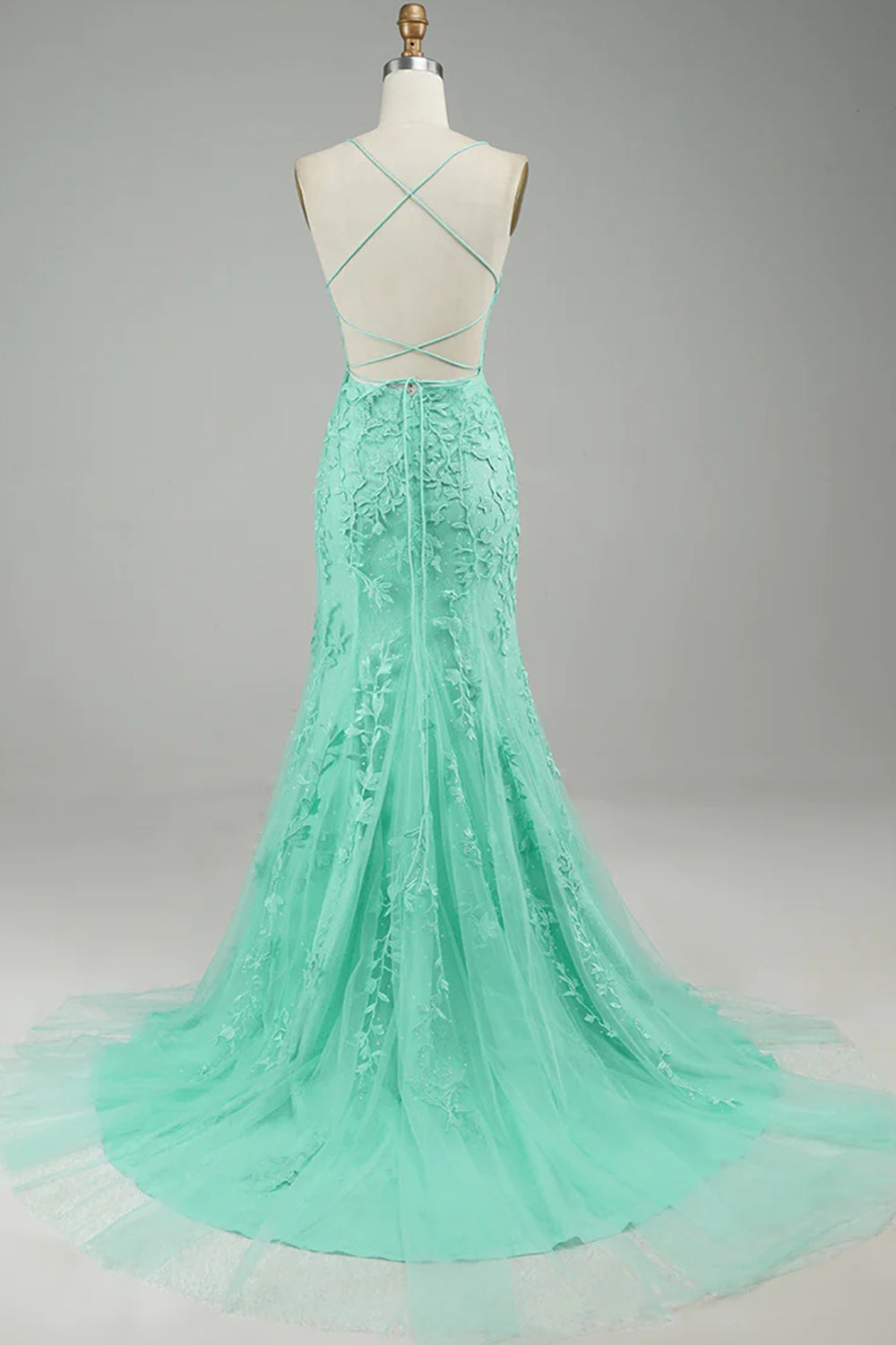 Mint Prom Dress Spaghetti Straps Appliques Mermaid Long Evening Dress
