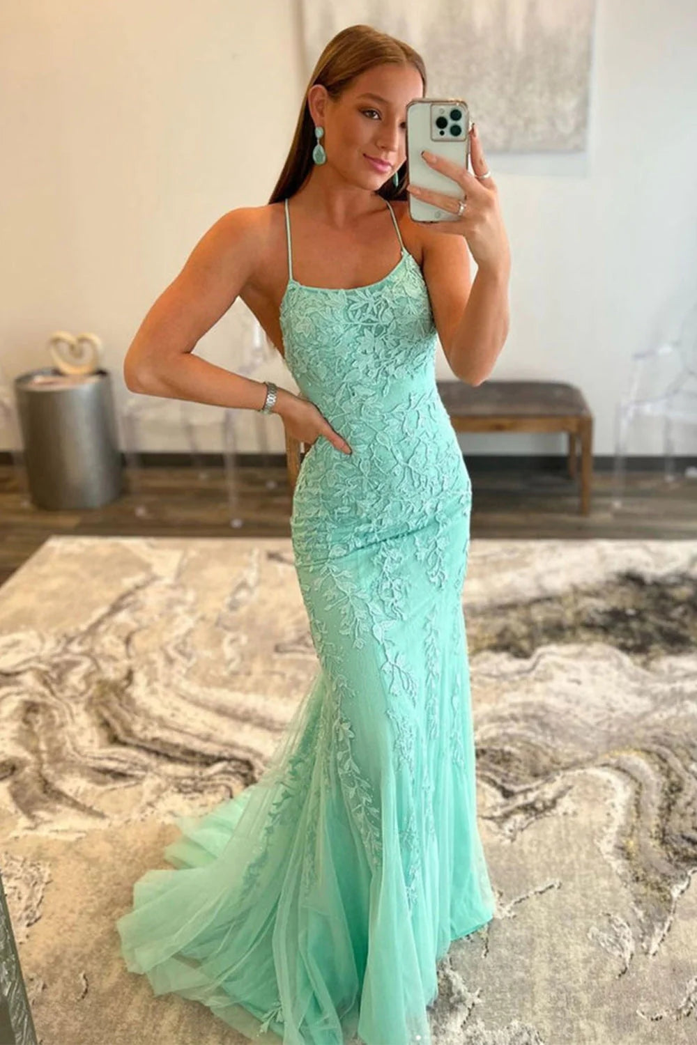 Mint Prom Dress Spaghetti Straps Appliques Mermaid Long Evening Dress