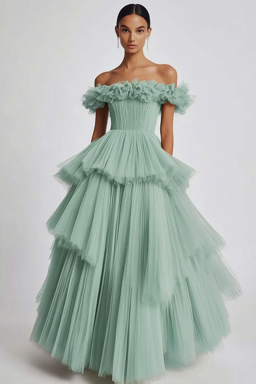 Dusty Sage Formal Dress Tulle Off The Shoulder Ball Gown Wedding Guest Dress With Ruffles