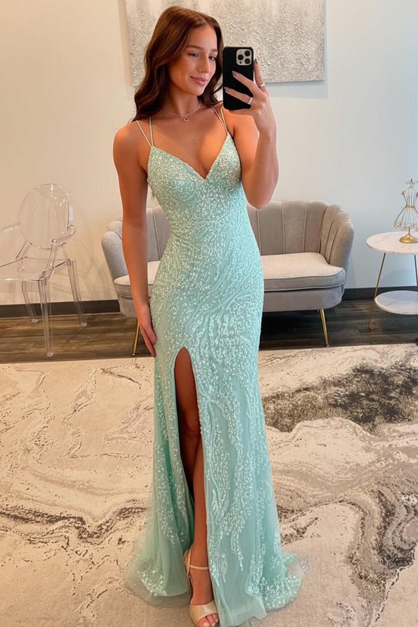 Dressystars Silver Sequin Spaghetti Strap Mermaid Slit Prom Dress With Crisscross Lace-Up Back Formal Evening Gown