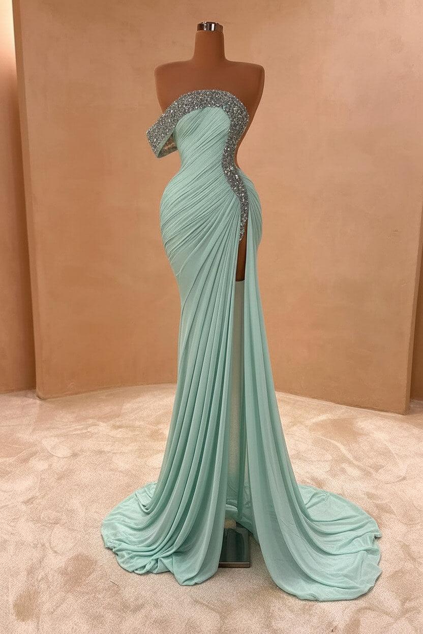 Blue Mermaid Prom Dress Cap Sleeve One Shoulder Formal Dress With Beadings and Rhinestones