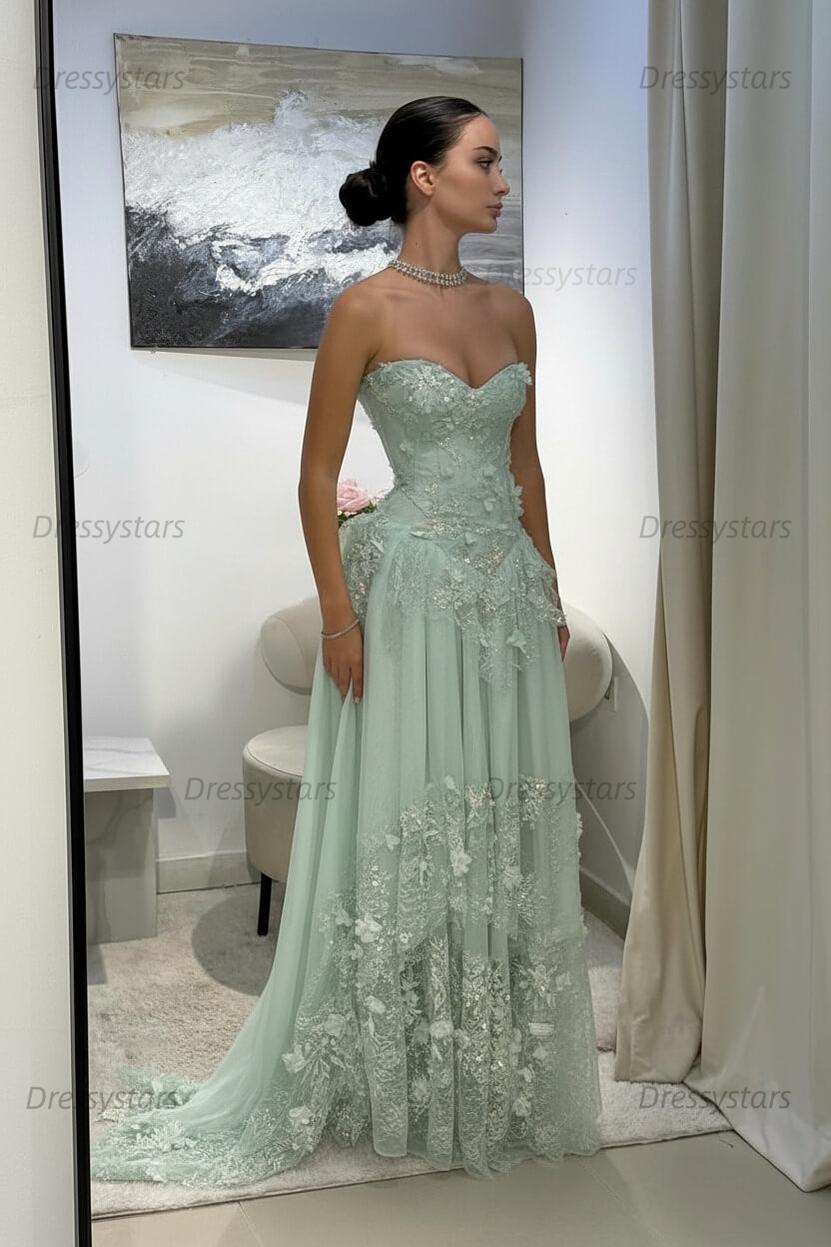 Yellow Lace A Line Prom Dress Sweetheart Lace Appliqued Formal Dress with 3D Flowers