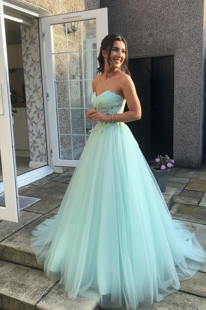A Line Prom Dress Sweetheart Neck Tulle Lace Long Pink Formal Gown Evening Dress