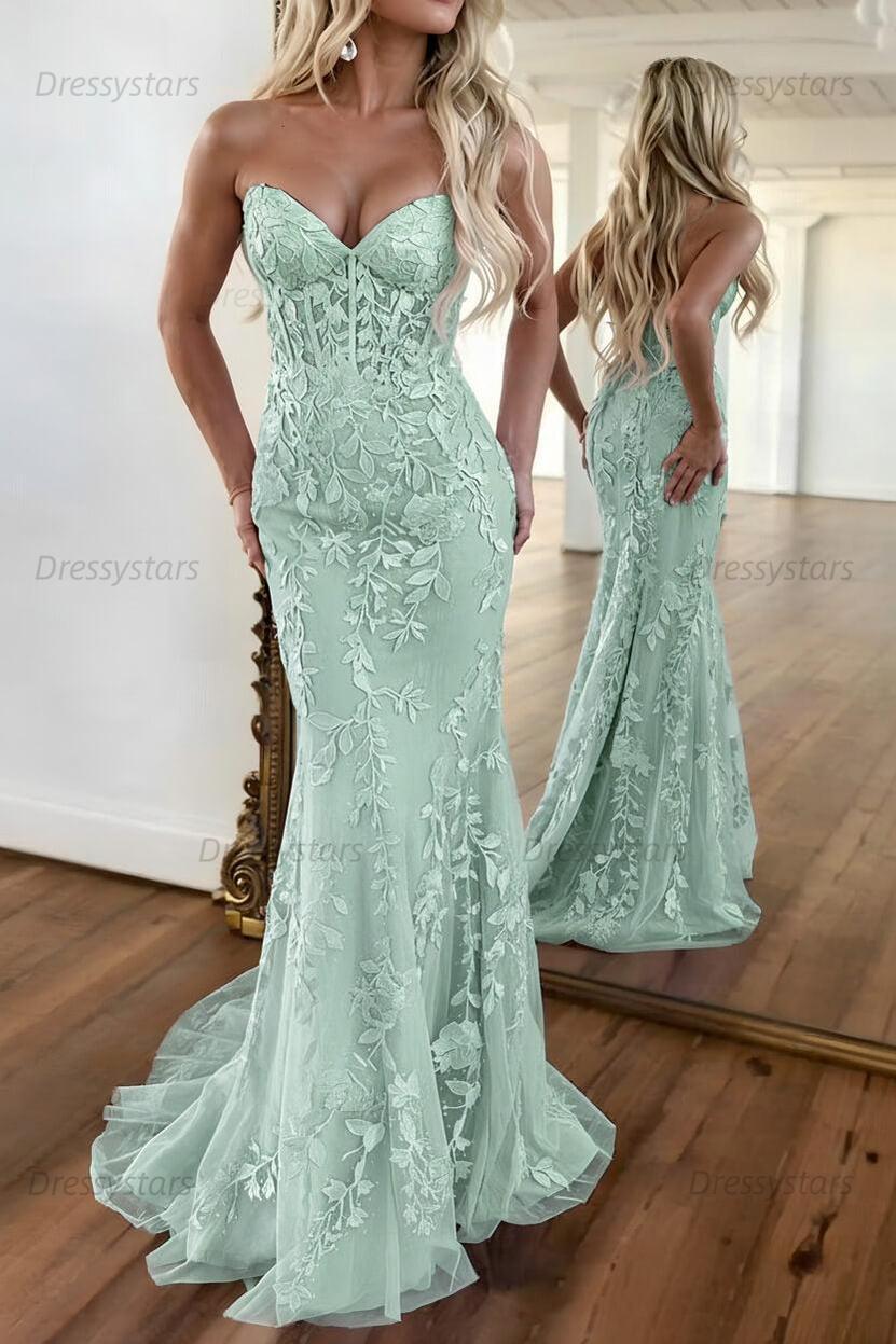 Lilac Prom Dress Corset Sweetheart Lace Mermaid Evening Formal Gown