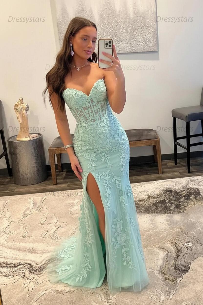 Black Prom Dress Corset Sweetheart Long Lace Mermaid Evening Dress with Slit