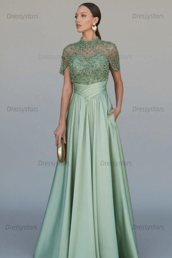 Green A Line Prom Dress Short Sleeve High Neck Formal Dress With Beadings and Rhinestones