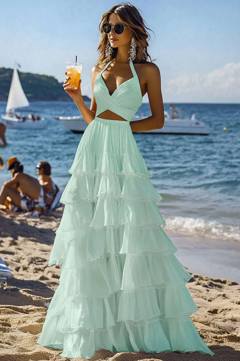 Dressystars Halter Tiered White 2 Piece Ruffled Formal Dress