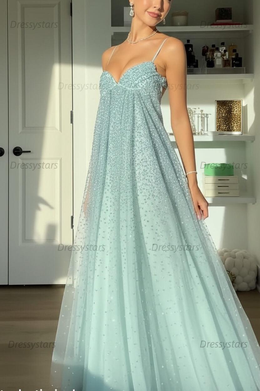 Dressystars Bling A Line Spaghetti Straps Grey Blue Long Party Dress With Beading Formal Evening Gown