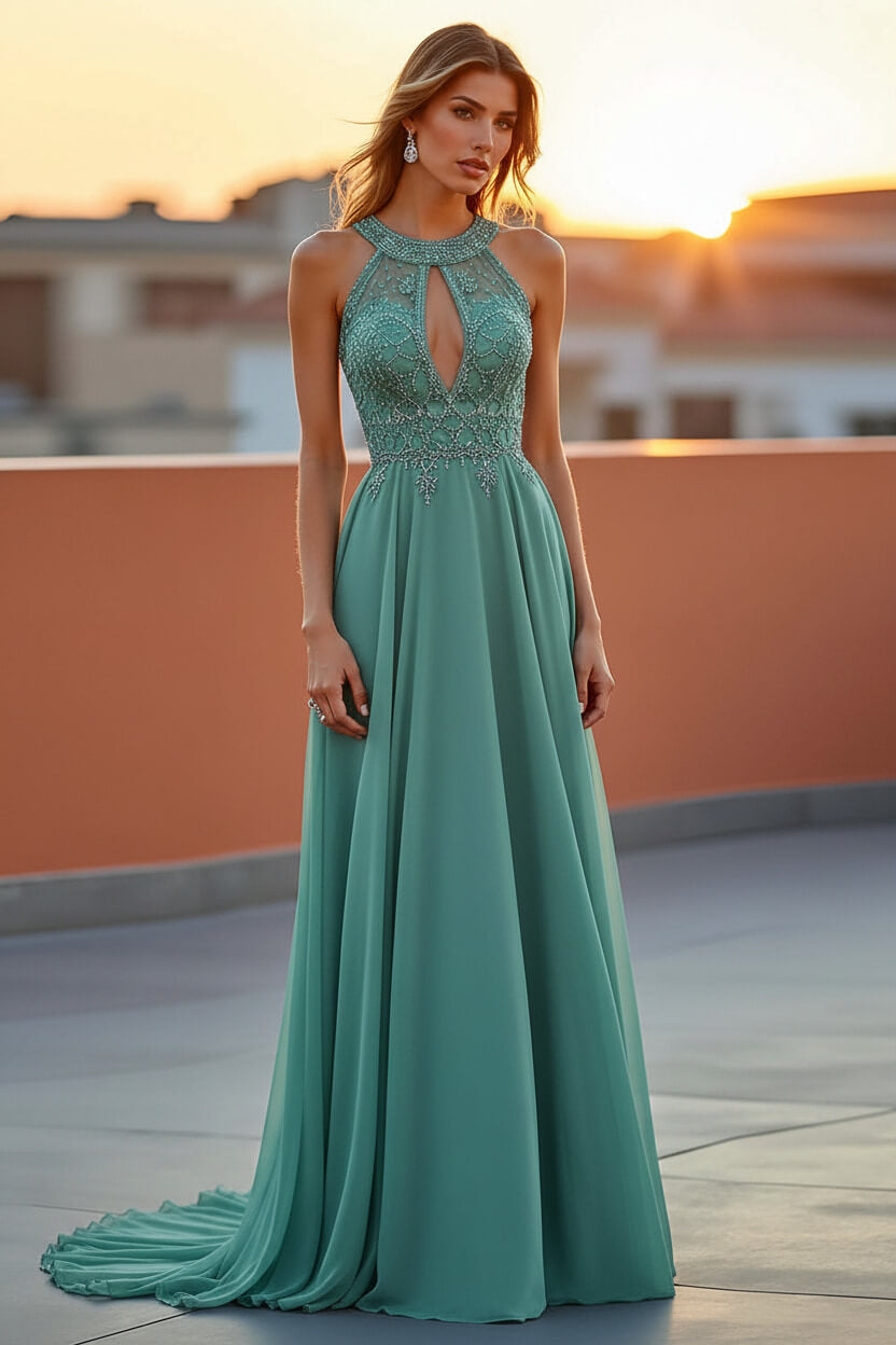 Dressystars Beaded Navy Wedding Guest Dress Halter Long Formal Dress With Embroideries