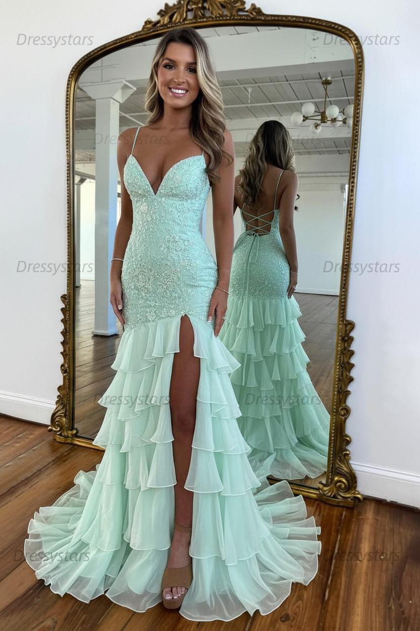 Dressystars Yellow Mermaid Spaghetti Straps Lace Up Long Prom Dress With Ruffle Skirt Formal Evening Gown