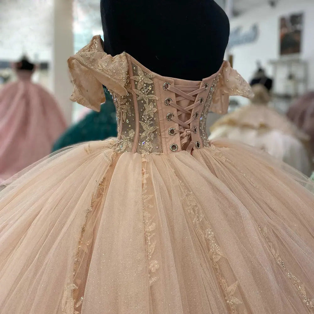 Modern Ball Gown Off Shoulder Sleeveless Lace Appliques Beaded Lace Up Sweep Train Blush Pink Tulle Quinceanera Dress Princess Gown For Sweet 16