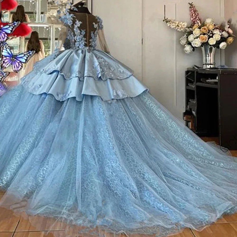 Modern & Chic Ball Gown Scoop Neck Long Sleeves 3D Flower Lace Applique Beaded Tiered Blue Tulle Quinceanera Dress Princess Party Gown For Sweet 16