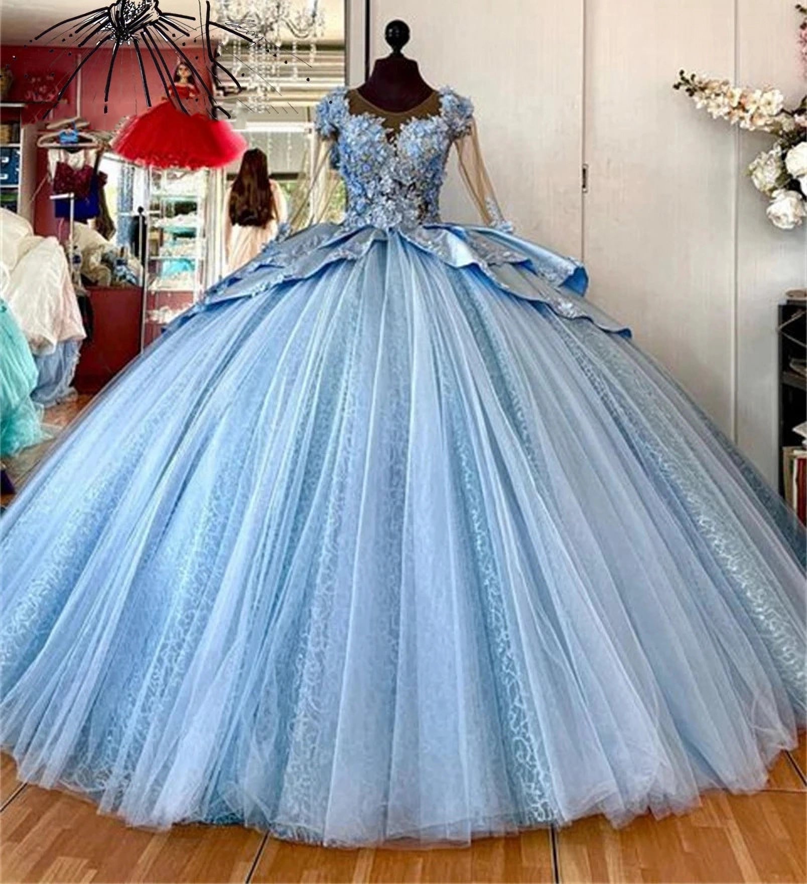 Modern & Chic Ball Gown Scoop Neck Long Sleeves 3D Flower Lace Applique Beaded Tiered Blue Tulle Quinceanera Dress Princess Party Gown For Sweet 16